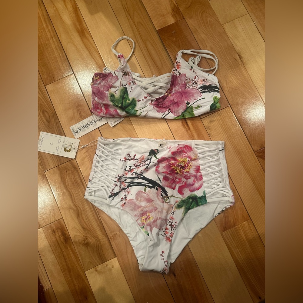 TiniBikini White Floral Lace-Up High-Waist Two-Piece